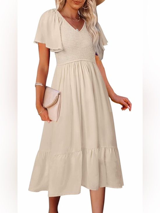 Merokeety Dresses & Skirts - NWT Cream Smocked V-Neck Midi Dress with Flutter Sleeves, Large